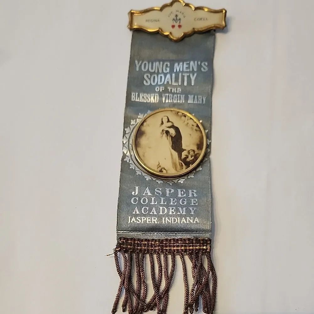 Vintage Religious Medal Badge with Blue Ribbon Jasper College Academy
